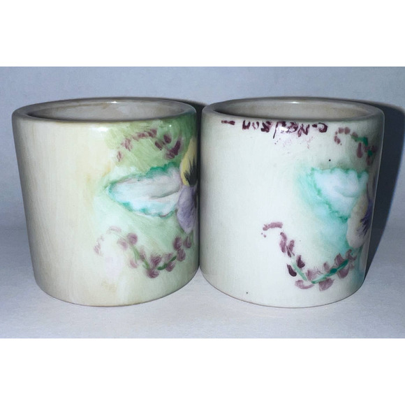 Vintage Handpainted Porcelain Candleholder, Saucers, Napkin Holder Rings, Signed - Picture 14 of 14